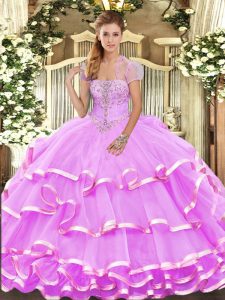 Lilac Strapless Neckline Appliques and Ruffled Layers Quince Ball Gowns Sleeveless Lace Up