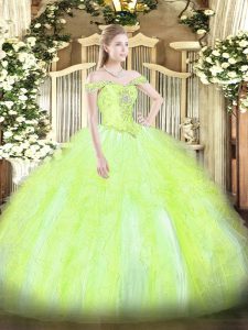 Off The Shoulder Sleeveless Sweet 16 Dress Floor Length Beading and Ruffles Yellow Green Tulle