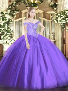 Tulle Off The Shoulder Sleeveless Lace Up Beading 15th Birthday Dress in Lavender