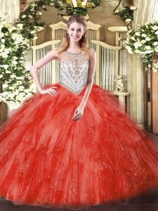 Coral Red Quinceanera Dress Military Ball and Sweet 16 and Quinceanera with Beading and Ruffles Scoop Sleeveless Zipper