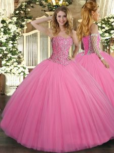 Rose Pink Tulle Lace Up Sweetheart Sleeveless Floor Length Quinceanera Dress Beading