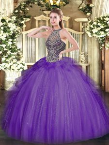 Fashionable Halter Top Sleeveless Lace Up Sweet 16 Quinceanera Dress Lavender Tulle