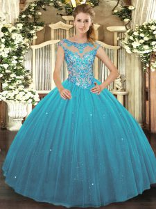 Teal Tulle Lace Up Sweet 16 Dress Sleeveless Floor Length Beading