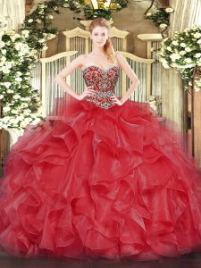 Sleeveless Organza Floor Length Lace Up Sweet 16 Quinceanera Dress in Coral Red with Beading