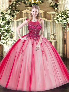 Floor Length Red Quinceanera Dresses Tulle Sleeveless Beading