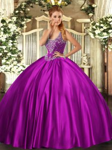 Inexpensive Fuchsia Satin Lace Up Straps Sleeveless Floor Length Quinceanera Dresses Beading