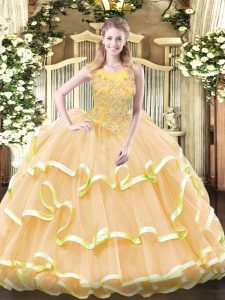 Super Scoop Sleeveless Zipper Vestidos de Quinceanera Gold Organza