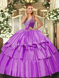 Lilac Sleeveless Beading and Ruffled Layers Floor Length Quinceanera Gown