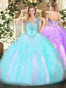 Fabulous Aqua Blue Lace Up Quinceanera Gown Beading and Ruffles Sleeveless Floor Length