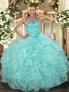 Apple Green Ball Gowns Beading and Ruffles Quinceanera Dresses Lace Up Organza Sleeveless Floor Length