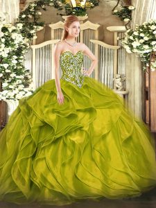 Fashion Olive Green Ball Gowns Beading and Ruffles Sweet 16 Dress Lace Up Organza Sleeveless Floor Length