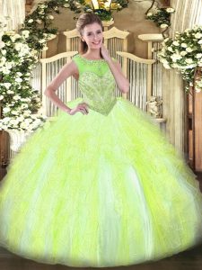 Wonderful Ball Gowns Quinceanera Gown Yellow Green Scoop Organza Sleeveless Floor Length Lace Up