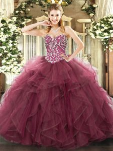 Floor Length Burgundy Sweet 16 Quinceanera Dress Sweetheart Sleeveless Lace Up