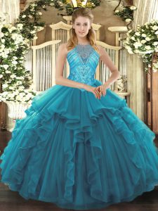 Teal Ball Gowns High-neck Sleeveless Organza Asymmetrical Lace Up Beading and Ruffles Sweet 16 Dresses