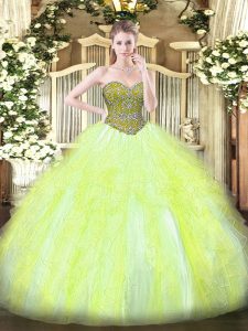 On Sale Yellow Green Ball Gowns Beading and Ruffles 15 Quinceanera Dress Lace Up Tulle Sleeveless Floor Length