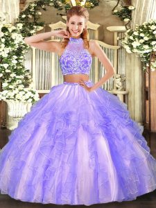 Floor Length Lavender Vestidos de Quinceanera Tulle Sleeveless Beading and Ruffled Layers