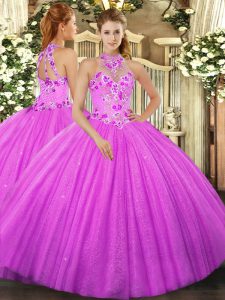 Wonderful Fuchsia Halter Top Lace Up Beading and Embroidery Quince Ball Gowns Sleeveless