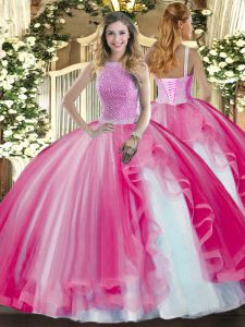 Hot Pink Tulle Lace Up High-neck Sleeveless Floor Length Sweet 16 Dress Beading and Ruffles