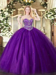 Purple Tulle Lace Up Sweetheart Sleeveless Floor Length Ball Gown Prom Dress Beading