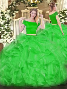 Off The Shoulder Short Sleeves Zipper Sweet 16 Quinceanera Dress Green Organza