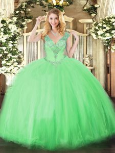 Dramatic Apple Green V-neck Neckline Beading 15 Quinceanera Dress Sleeveless Lace Up