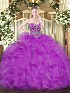 Fuchsia Ball Gowns Sweetheart Sleeveless Organza Floor Length Lace Up Beading and Ruffles Sweet 16 Dresses