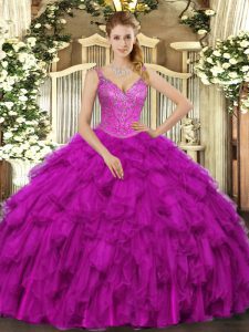 Traditional Fuchsia V-neck Neckline Beading and Ruffles 15th Birthday Dress Sleeveless Lace Up