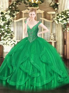 Flare Floor Length Lace Up Sweet 16 Quinceanera Dress Green for Military Ball and Sweet 16 and Quinceanera with Beading and Ruffles