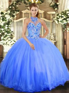 Gorgeous Floor Length Blue Quince Ball Gowns Tulle Sleeveless Embroidery