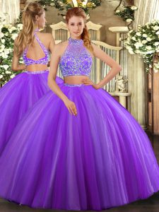 Nice Floor Length Lavender 15th Birthday Dress Tulle Sleeveless Beading