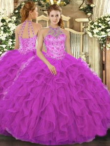 Latest Fuchsia Lace Up Quince Ball Gowns Beading and Embroidery and Ruffles Sleeveless Floor Length