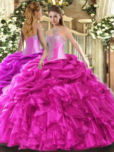 Attractive Sweetheart Sleeveless Lace Up Quince Ball Gowns Hot Pink Organza