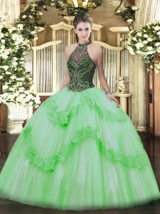 Halter Top Sleeveless Quinceanera Dresses Floor Length Beading and Appliques Taffeta and Tulle