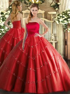 Excellent Strapless Sleeveless Quinceanera Dresses Floor Length Appliques Red Tulle