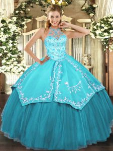 Ball Gowns Quinceanera Gowns Aqua Blue Halter Top Satin and Tulle Sleeveless Floor Length Lace Up