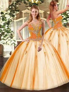 Gold Ball Gowns Sweetheart Sleeveless Tulle Floor Length Lace Up Beading 15 Quinceanera Dress