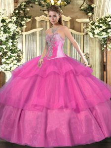 Enchanting Tulle Sweetheart Sleeveless Lace Up Beading and Ruffled Layers Sweet 16 Dresses in Hot Pink