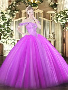 Lilac Off The Shoulder Neckline Beading Quince Ball Gowns Sleeveless Lace Up