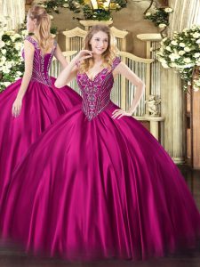 Colorful V-neck Sleeveless Lace Up Quinceanera Dress Fuchsia Satin