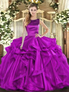 Romantic Purple Organza Lace Up Scoop Sleeveless Floor Length Quinceanera Dresses Ruffles