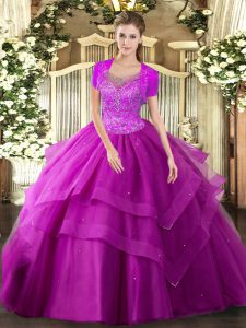 Fuchsia Clasp Handle Sweet 16 Dresses Beading and Ruffles Sleeveless Floor Length