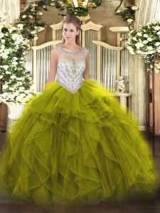 Olive Green Sleeveless Floor Length Beading and Ruffles Zipper 15th Birthday Dress