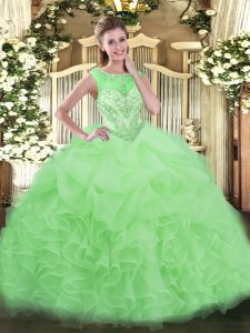 Organza Scoop Sleeveless Lace Up Beading and Ruffles Quinceanera Gowns in Apple Green