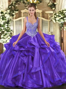 Hot Selling Sleeveless Organza Floor Length Lace Up 15 Quinceanera Dress in Purple with Beading and Ruffles