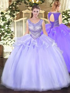 Elegant Lavender Organza Lace Up Quinceanera Gowns Sleeveless Floor Length Beading