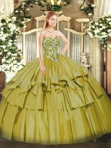 Discount Olive Green Ball Gowns Organza and Taffeta Sweetheart Sleeveless Beading and Ruffled Layers Floor Length Lace Up Sweet 16 Dresses