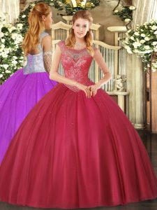 Coral Red Scoop Neckline Beading Quinceanera Dresses Sleeveless Lace Up