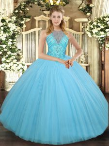 New Arrival High-neck Sleeveless Quinceanera Gowns Floor Length Beading Aqua Blue Tulle