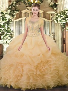 Fashionable Sleeveless Floor Length Beading and Ruffled Layers Clasp Handle Quinceanera Dresses with Champagne