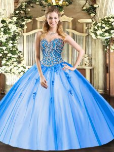 Comfortable Beading and Appliques Quinceanera Dress Blue Lace Up Sleeveless Floor Length